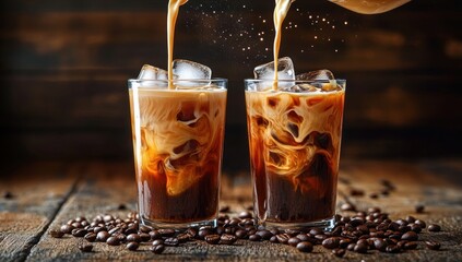 Two glasses of iced coffee with swirling cream and ice cubes being poured, scattered coffee beans on a rustic wooden table, warm inviting and indulgent mood