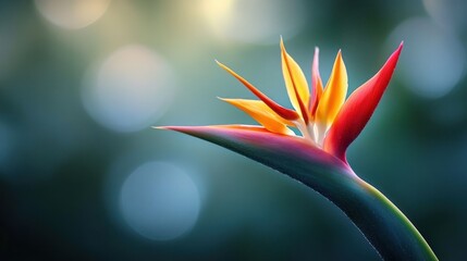 Vibrant bird of paradise flower with orange and red petals on a curved green stem against a soft bokeh background, evoking serene elegance