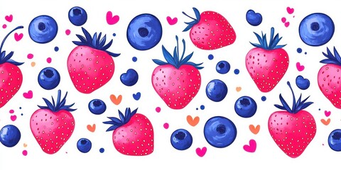 Bright playful seamless pattern of red strawberries, blue blueberries, scattered hearts and colorful dots on a white background, cheerful whimsical summer fruit design