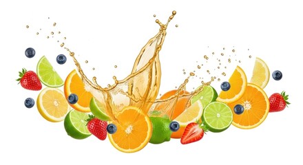 Fruit juice splashing out of a glass with slices of orange, lemon, lime, strawberry, and blueberry.