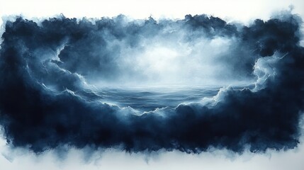 Obraz premium Ethereal ocean revealed through a ring of dark storm clouds, calm sea and soft light evoking mystery and quiet awe