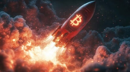 Fiery rocket bearing a glowing cryptocurrency emblem bursting through smoky clouds into a starry night sky, dynamic ascent conveying excitement and triumph