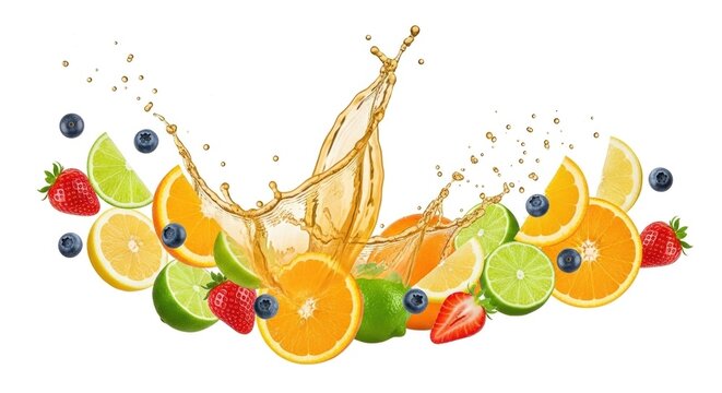 Fruit juice splashing out of a glass with slices of orange, lemon, lime, strawberry, and blueberry. - Powered by Adobe