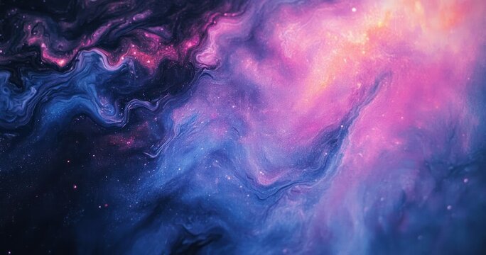dreamy swirling cosmic nebula in deep blues pinks and violets with marbled clouds, twinkling stars and glowing particles evoking wonder and serene mystery - Powered by Adobe