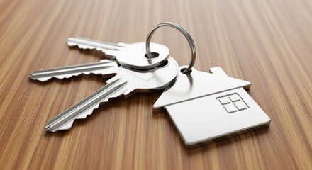 A set of keys with a house-shaped keychain on a wooden table.