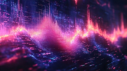 vibrant neon data waveform and pixelated digital skyline with glowing pink and blue peaks, shimmering particles and dynamic futuristic energy