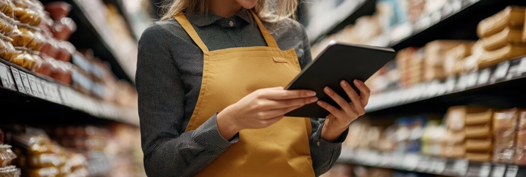 Retail worker in mustard apron using a tablet in a stocked supermarket aisle, focused and attentive while checking inventory