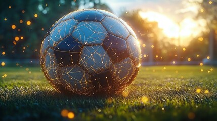 close-up of a soccer ball on grass at sunset with glowing golden network lines and floating bokeh lights, evoking a magical and futuristic warm atmosphere