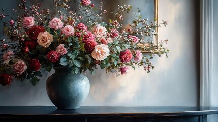large ceramic vase overflowing with pink and red roses and leafy branches on a dark wooden table beside a gilded frame, evoking a soft romantic calm