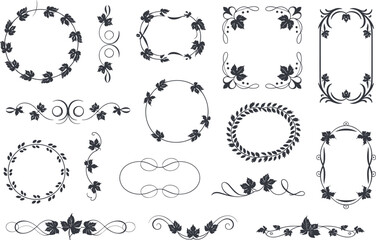 Ornamental frame and border set, floral swirl, maple leaf vector elements for invitation, scrapbooking, decorative design, seasonal artwork