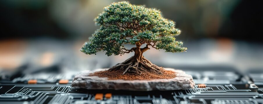 miniature bonsai tree with exposed roots on a rocky slab resting on a computer circuit board, evoking calm harmony between nature and technology - Powered by Adobe