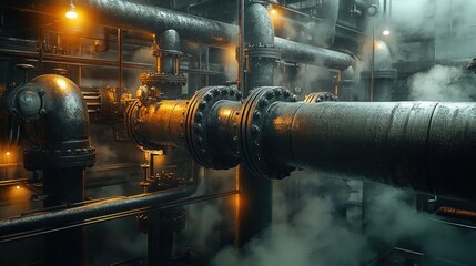 Close-up of large wet metal pipes, flanged joints and valves in a dim industrial engine room, glowing orange lights, hissing steam and fog, gritty moody atmosphere of tension