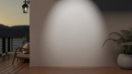 Spotlight lamp shining on white wall aside pot plant with wooden sofa at balcony and outside scenery