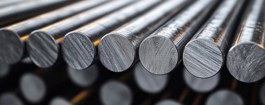 Close-up of stacked round steel rods with textured cut ends, reflective metallic surfaces and precise parallel alignment conveying cold industrial order