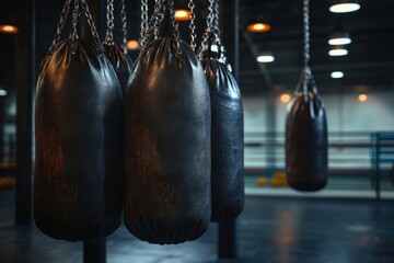 dimly lit boxing gym with row of worn leather heavy punching bags hanging from chains and an empty ring in the moody gritty background