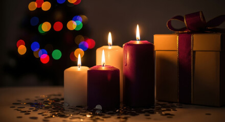 Candlelit Christmas Arrangement: Warm Glow, Festive Decoration, Holiday Celebration for Winter Season Inspired Imagery