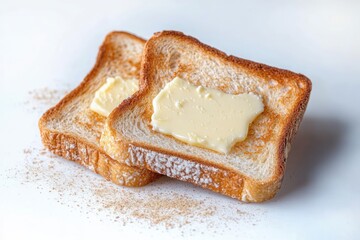 Two slices of golden toasted bread with melting butter on a clean white surface, warm and inviting breakfast snack