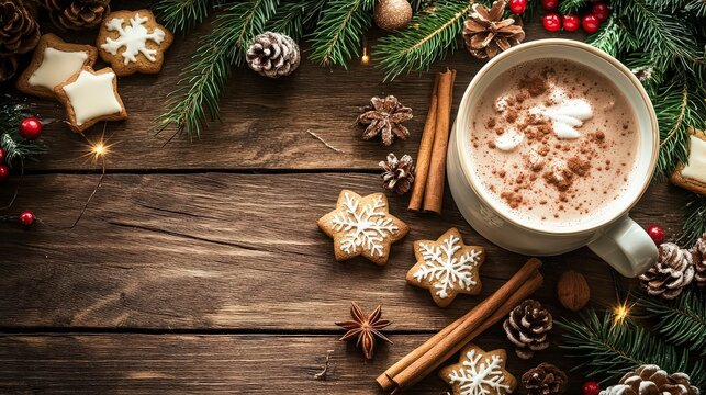 Cozy christmas scene featuring a mug of hot chocolate, starshaped cookies, cinnamon sticks, pine cones, and festive decorations on a rustic wooden surface