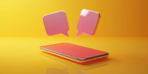 Glossy smartphone lying on a reflective yellow surface with two floating pink chat bubbles, evoking bright playful digital communication and optimistic modern connectivity