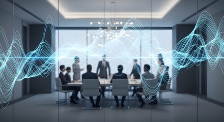 A modern conference room showcases a meeting of professionals discussing strategy, represented by stylized blue waveforms overlaid on the glass, symbolizing data analysis and innovative business