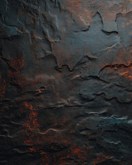 Dark grunge plaster wall close-up with black and rust tones — high-detail moody industrial texture background
