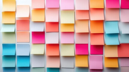 rows of colorful sticky notes on a white wall, neatly arranged in a grid with curled edges, evoking playful, organized and creative energy