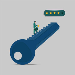 A vector illustration of a businessman climbing a staircase shaped like a key while carrying a star, heading toward a star rating panel