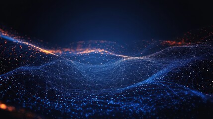 Glowing blue and orange digital mesh forming a flowing landscape of connected nodes and particles, evoking futuristic wonder and serene motion