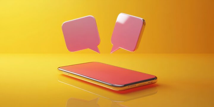 Glossy smartphone lying on a reflective yellow surface with two floating pink chat bubbles, evoking bright playful digital communication and optimistic modern connectivity - Powered by Adobe