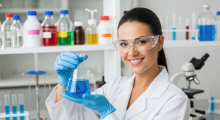 Fototapeta premium A woman in a lab coat holding a beaker with blue liquid in a laboratory setting.