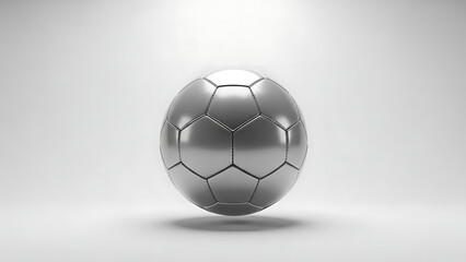 A shiny metallic silver soccer ball with hexagonal and pentagonal panels, casting a subtle shadow on a clean white background.