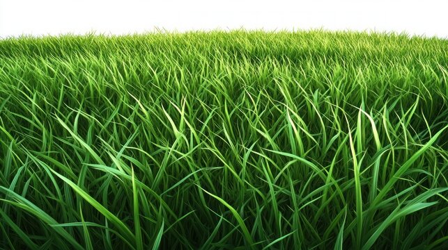 close-up of lush green grass blades filling the frame with a bright white sky, creating a fresh, vibrant and peaceful atmosphere