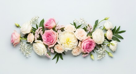 A colorful floral arrangement with pink and white roses, peonies, and baby's breath on a light blue background.