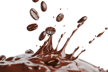 A dynamic splash of rich chocolate with coffee beans artistically suspended in mid-air. creating an enticing visual that captures the essence of indulgence and flavor