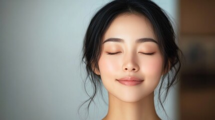 calm head-and-shoulders portrait of a person with dark loose hair tucked behind ears, graceful neck and shoulders, soft natural lighting and a contemplative serene mood