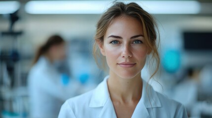 young scientist in white lab coat standing in a busy laboratory with colleagues and equipment, conveying focus and calm professionalism