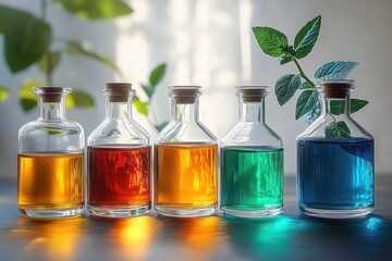 Five small glass bottles filled with vibrant colored liquids and a fresh green sprig on a reflective surface, soft natural light evoking calm and freshness