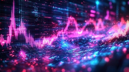 glowing neon pink and blue digital data landscape with undulating grid, line charts, sparkling particles and vibrant futuristic energy
