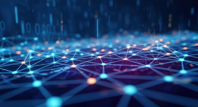 A digital network with glowing nodes and lines connecting them, set against a dark blue background with a gradient of orange and purple lights. - Powered by Adobe