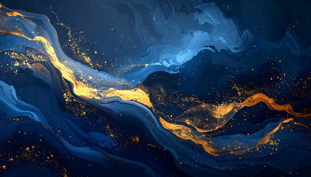 Abstract Blue and Gold Fluid Art with Swirling Patterns. - Powered by Adobe