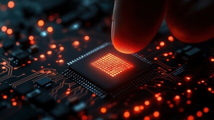 Fingertip touching a glowing microchip on a dark circuit board with red illuminated circuitry, conveying futuristic tension and precise human control