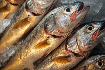 Obraz premium Close-up of several whole fresh silver and golden fish with open mouths and bright eyes lying on crushed ice, conveying cold freshness and market appeal