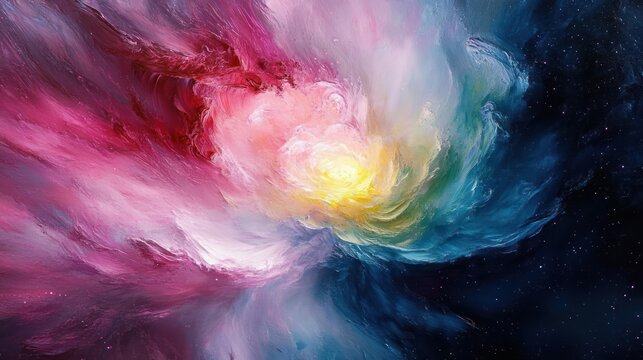 swirling colorful cosmic nebula with glowing yellow core, pink and teal clouds and starry dark space, an ethereal vortex of luminous wonder and awe - Powered by Adobe