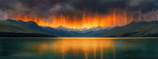 Panoramic mountain lake at dusk with dark storm clouds and fiery orange vertical light streaks over distant peaks, mirror-like golden reflection on calm water, dramatic and awe-inspiring