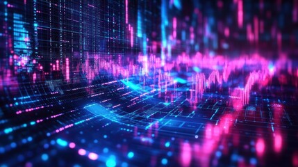 Futuristic neon digital landscape with glowing blue and pink grid, vertical data streams and pulsing waveform peaks conveying dynamic energetic motion