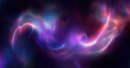 Ethereal swirling cosmic nebula of luminous purple and pink ribbons over a star field evoking wonder and serene calm