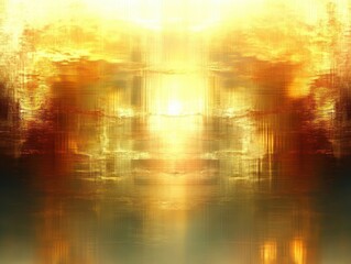 Fototapeta premium Radiant golden abstract landscape with symmetrical vertical reflections, warm amber and orange light over a textured rippling surface evoking serene tranquility