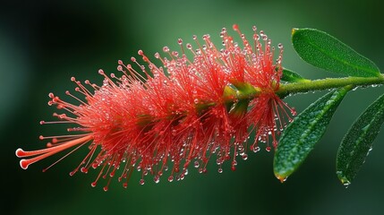 Dew-covered red bottlebrush flower with delicate filament stamens and green leaves, fresh serene morning mood