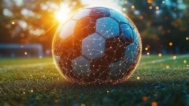Glowing soccer ball with digital network overlay on dewy grass field at sunset, warm backlight, floating sparks and a blurred goal in the background evoking excitement and wonder - Powered by Adobe