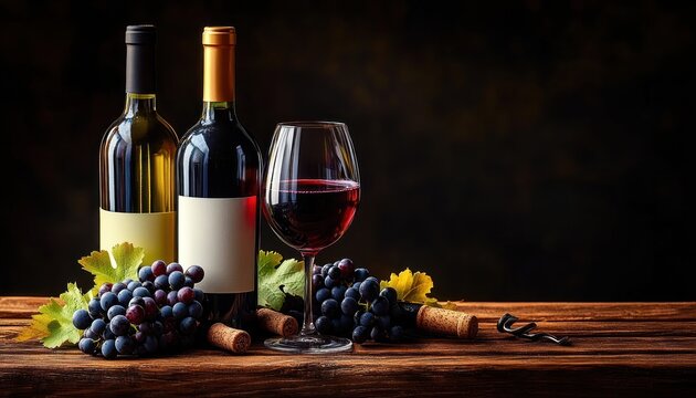 two wine bottles, bunches of dark grapes, corks and corkscrew on a rustic wooden table with a filled red wine glass, moody elegant cozy still life - Powered by Adobe